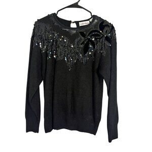 Retro Silk Floral Sequin Lambs Wool Sweater M Black Classic Chic Preppy Neutral